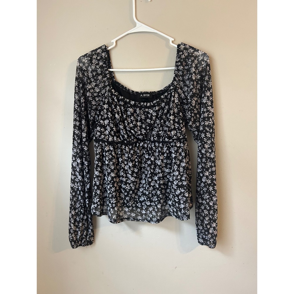 Vintage A. BYER Black Floral Print Square Neck Peplum Top Size M Cottagecore